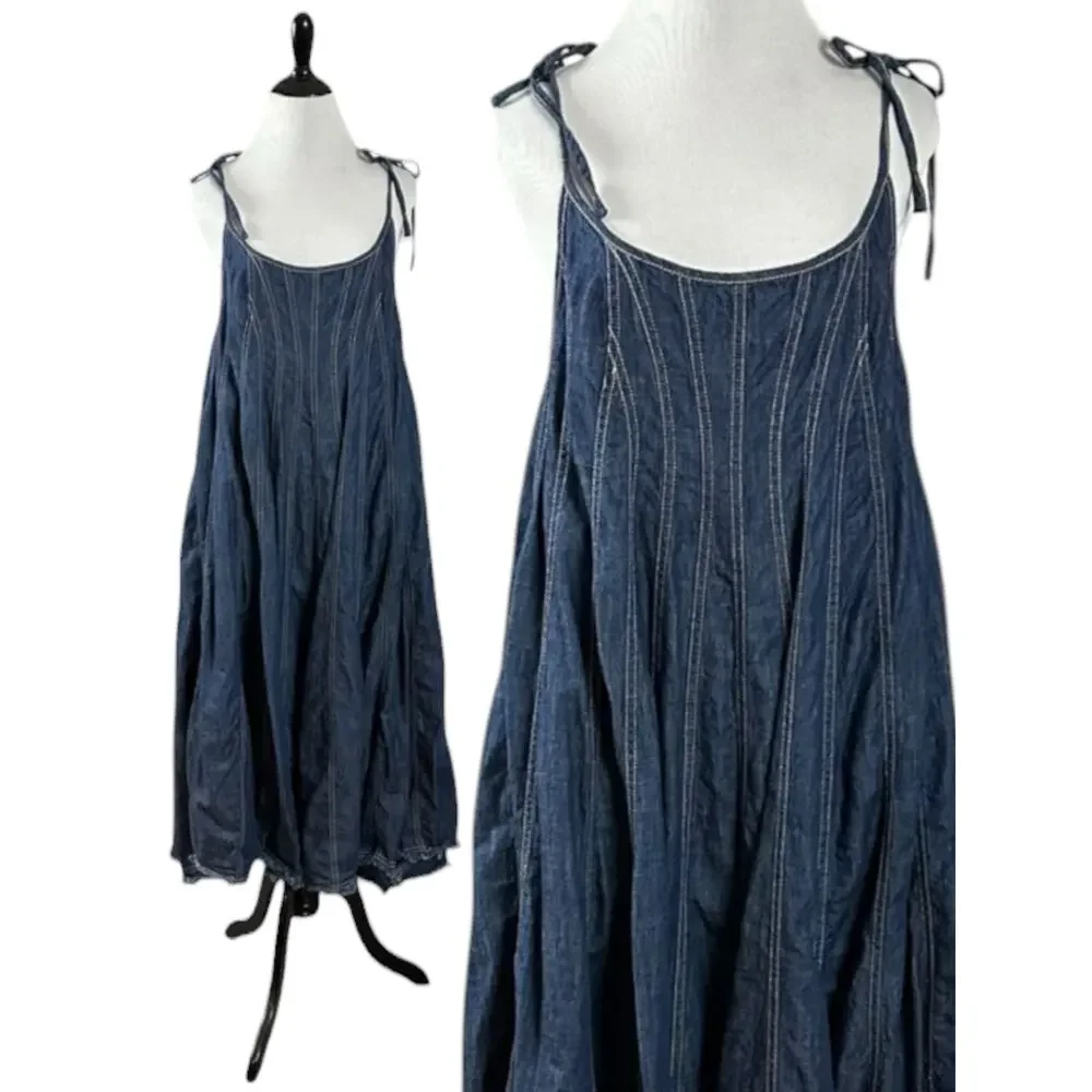 Free People Denim Dreams Midi Dress in 70s Blue Size XS Jean Jumper Retro NWT